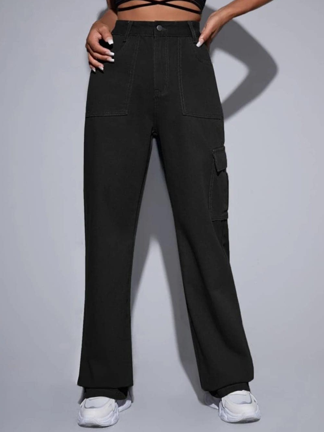 

Next One Women Black Smart Wide Leg High-Rise Slash Knee Stretchable Jeans