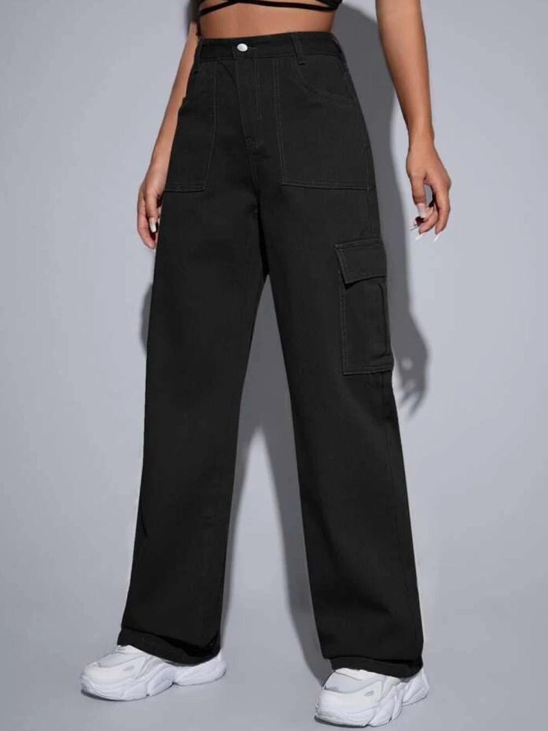 

Next One Women Black Smart Wide Leg High-Rise Clean Look Stretchable Jeans