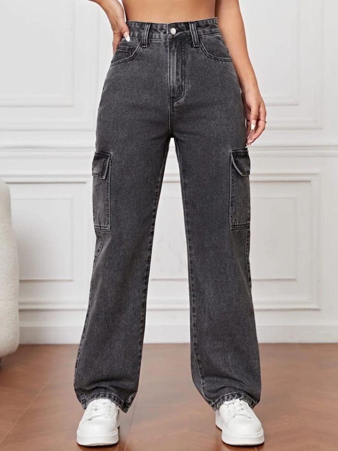 

Next One Women Smart Wide Leg High-Rise Clean Look Light Fade Stretchable Jeans, Black