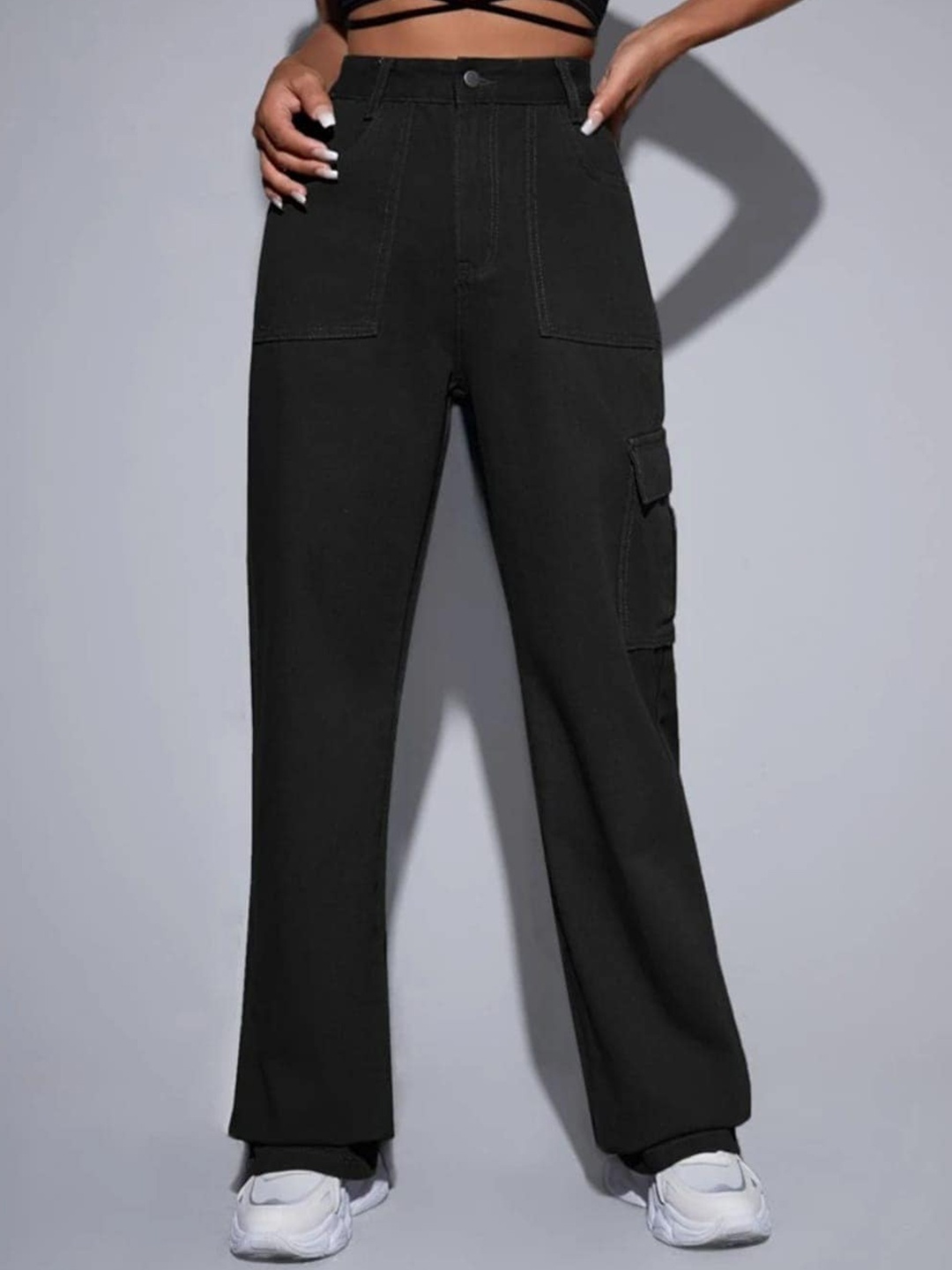 

Next One Women Smart Wide Leg High-Rise Clean Look Stretchable Cargo Jeans, Black