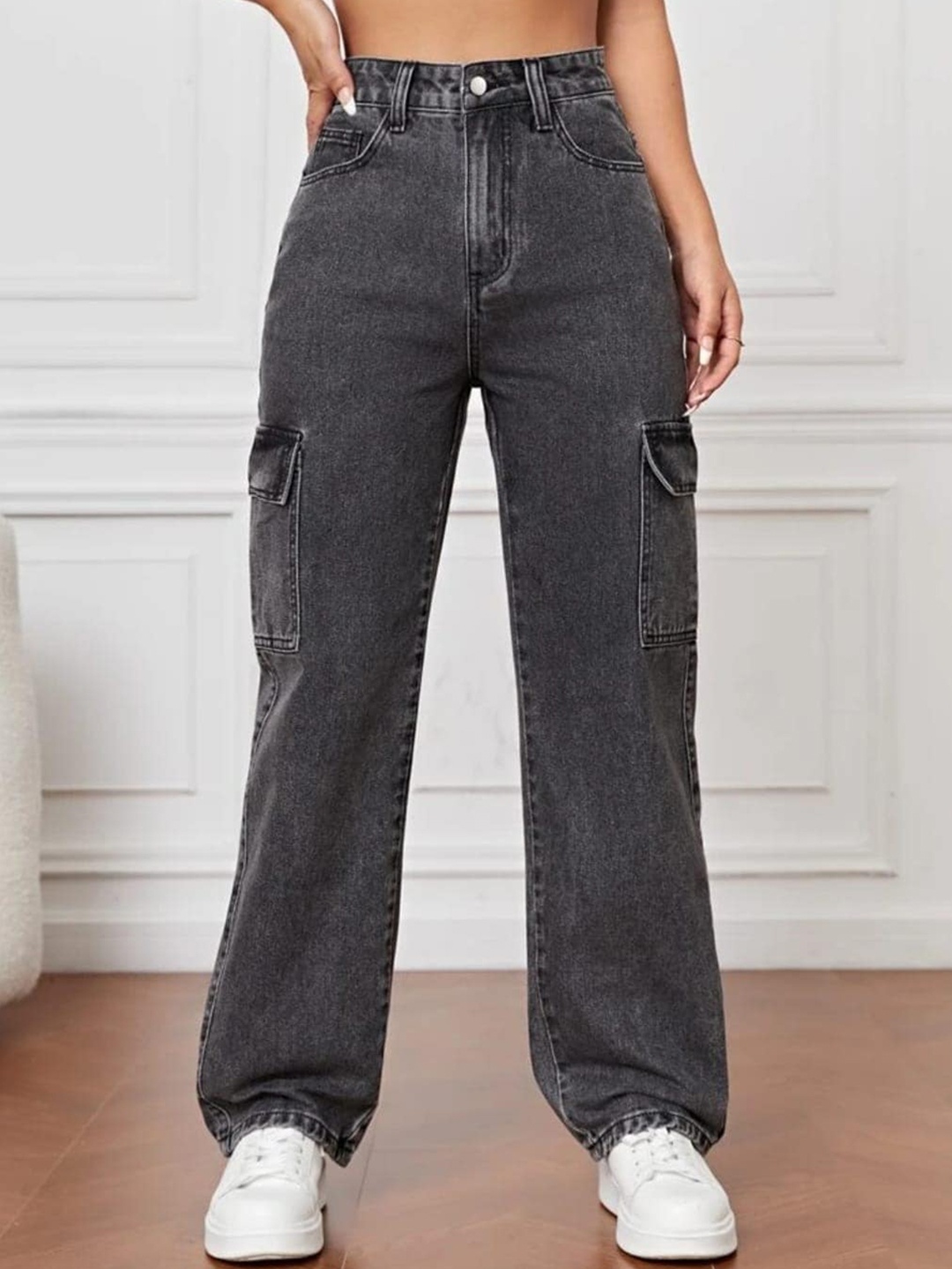 

Next One Women Smart Wide Leg High-Rise Clean Look Stretchable Cargo Jeans, Black