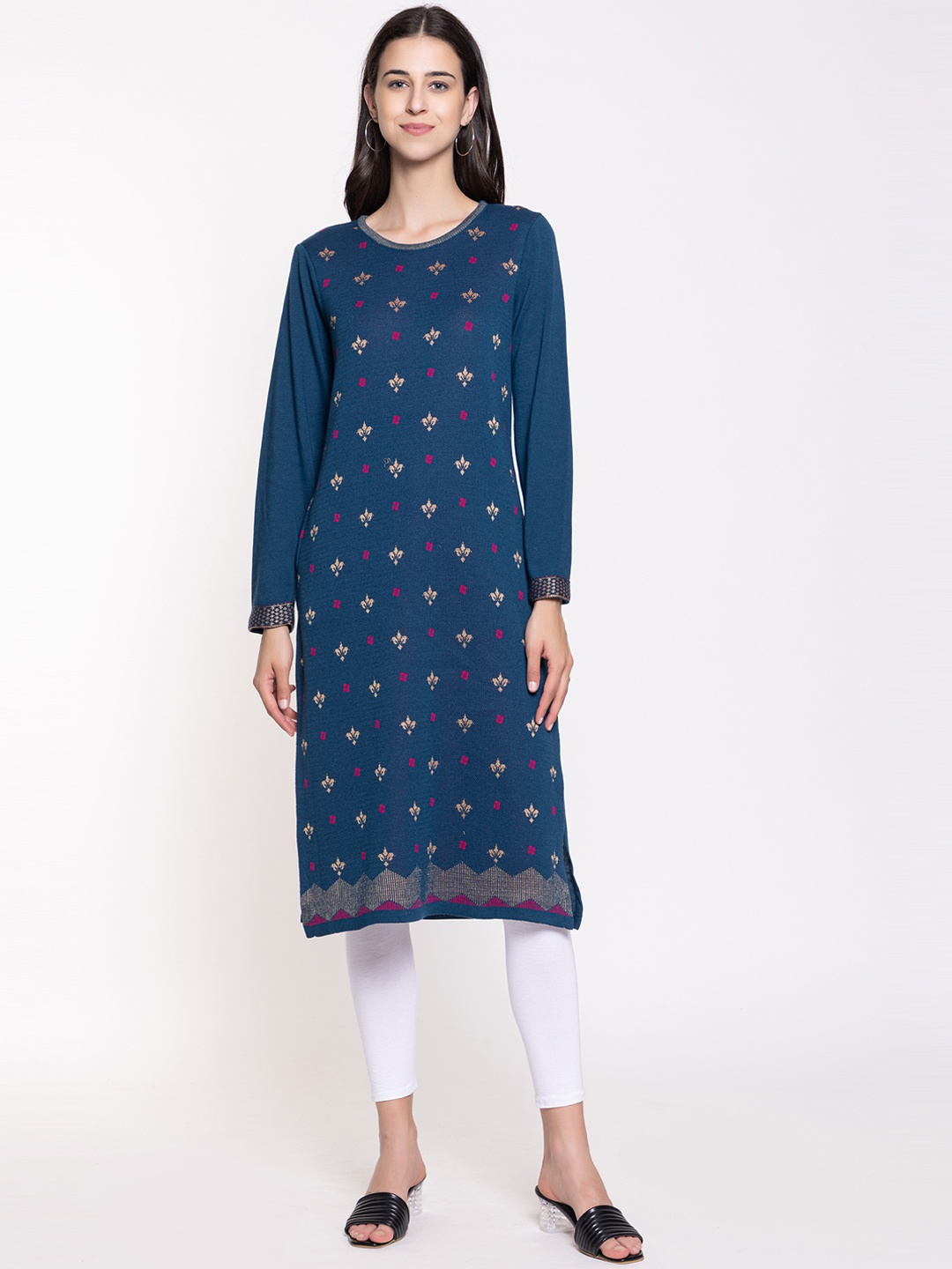 

KEIKO Woven Design Round Neck Acrylic Regular Kurta, Blue