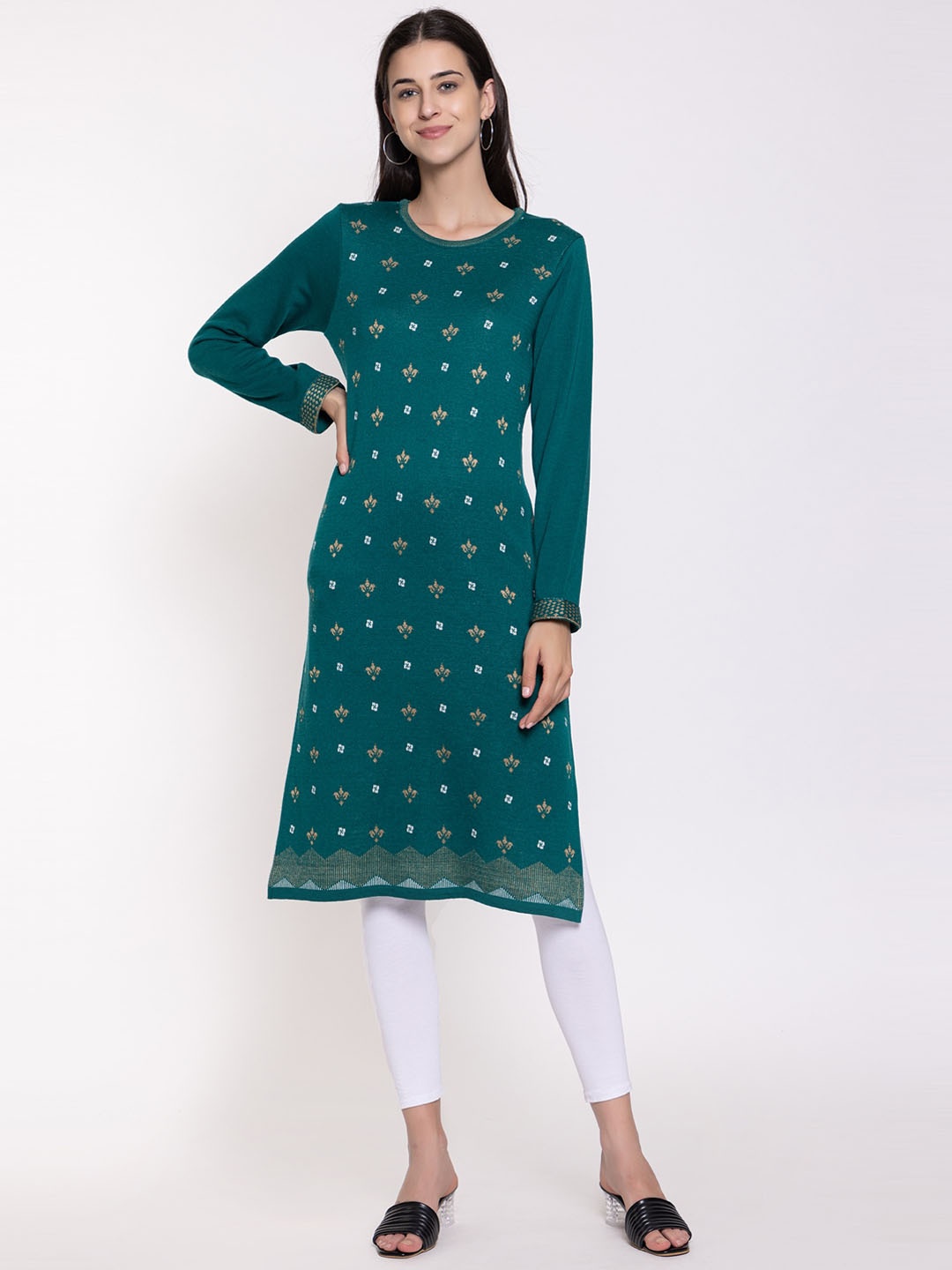 

KEIKO Woven Design Round Neck Acrylic Regular Kurta, Green
