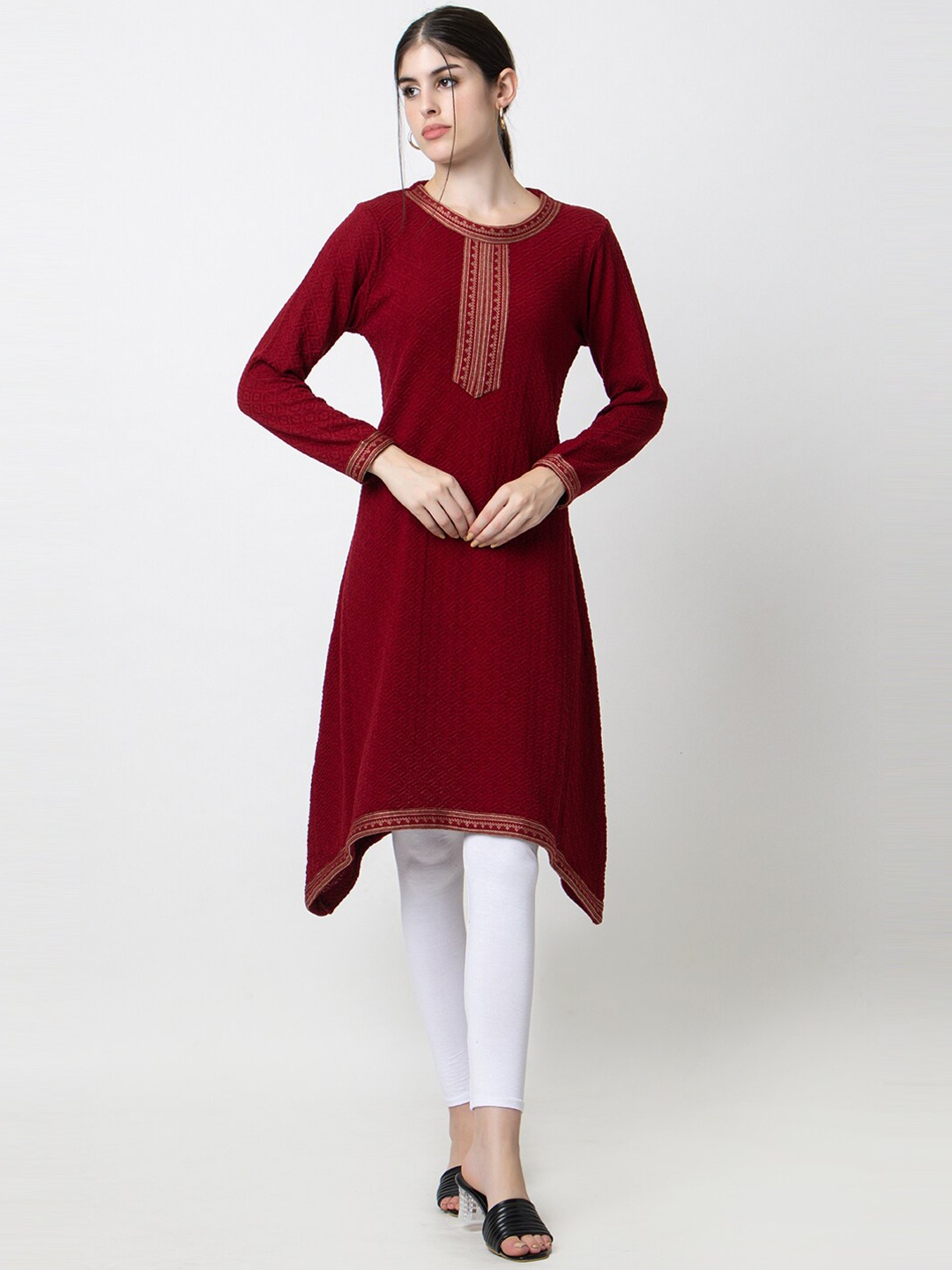 

KEIKO Woven Design Round Neck Acrylic Regular Kurta, Maroon