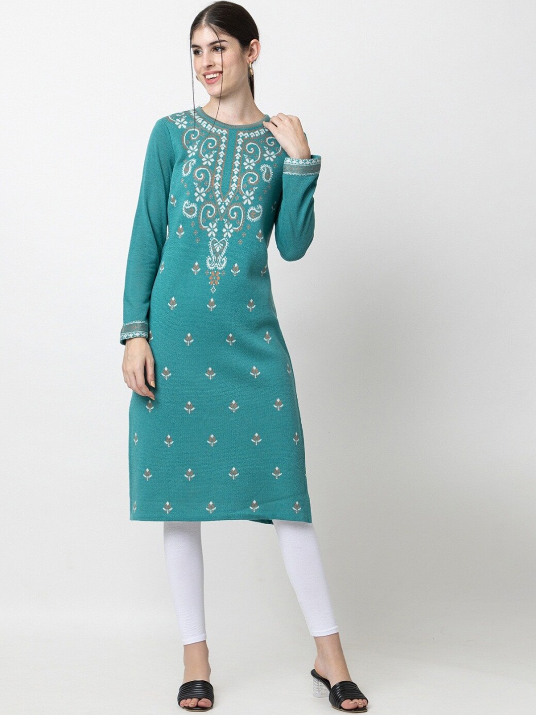 

KEIKO Woven Design Round Neck Acrylic Regular Kurta, Green