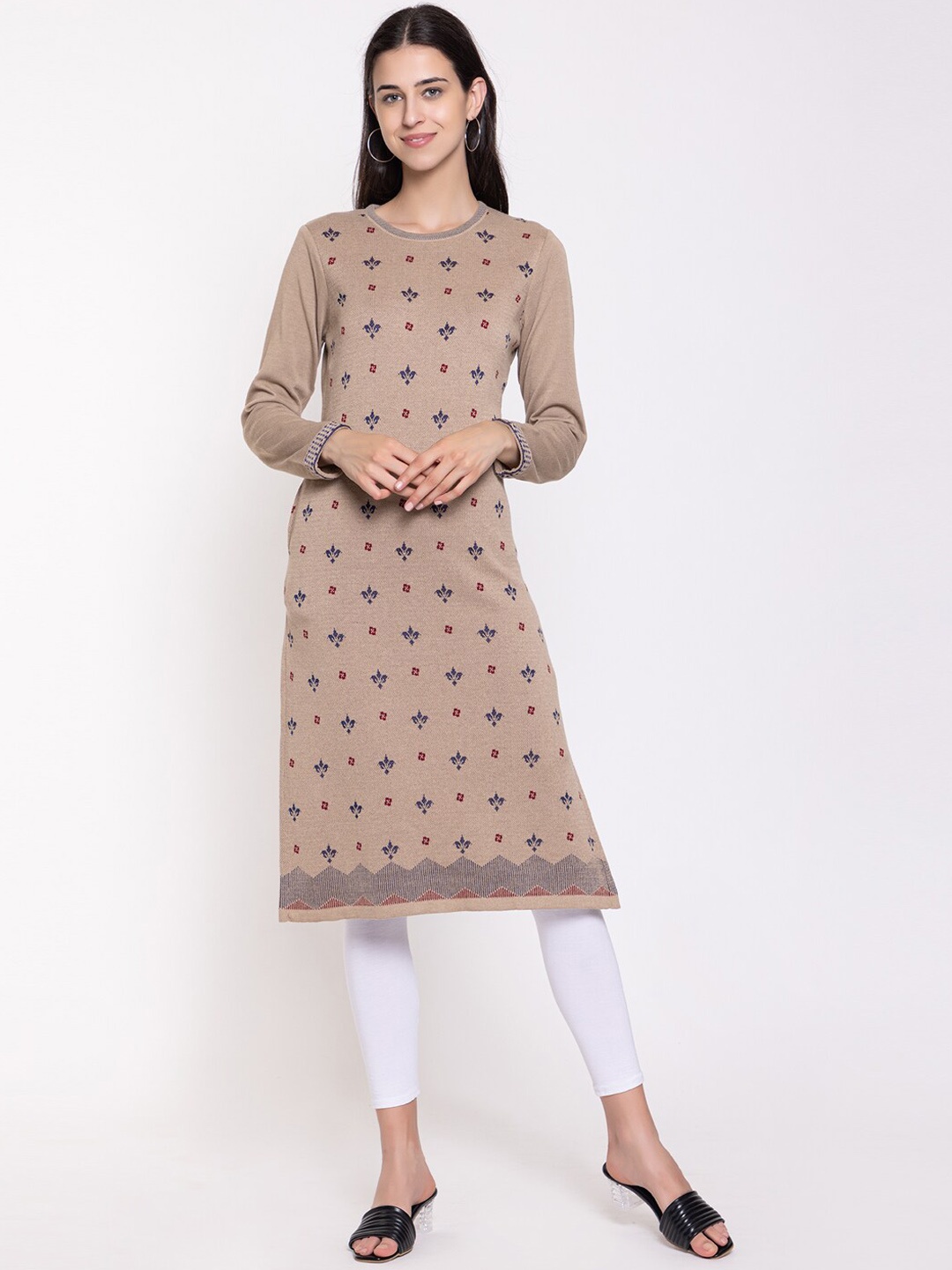 

KEIKO Woven Design Round Neck Acrylic Regular Kurta, Beige