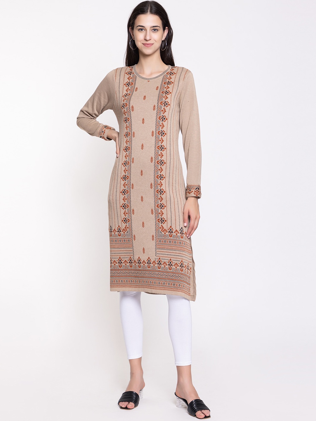 

KEIKO Woven Design Round Neck Acrylic Regular Kurta, Beige