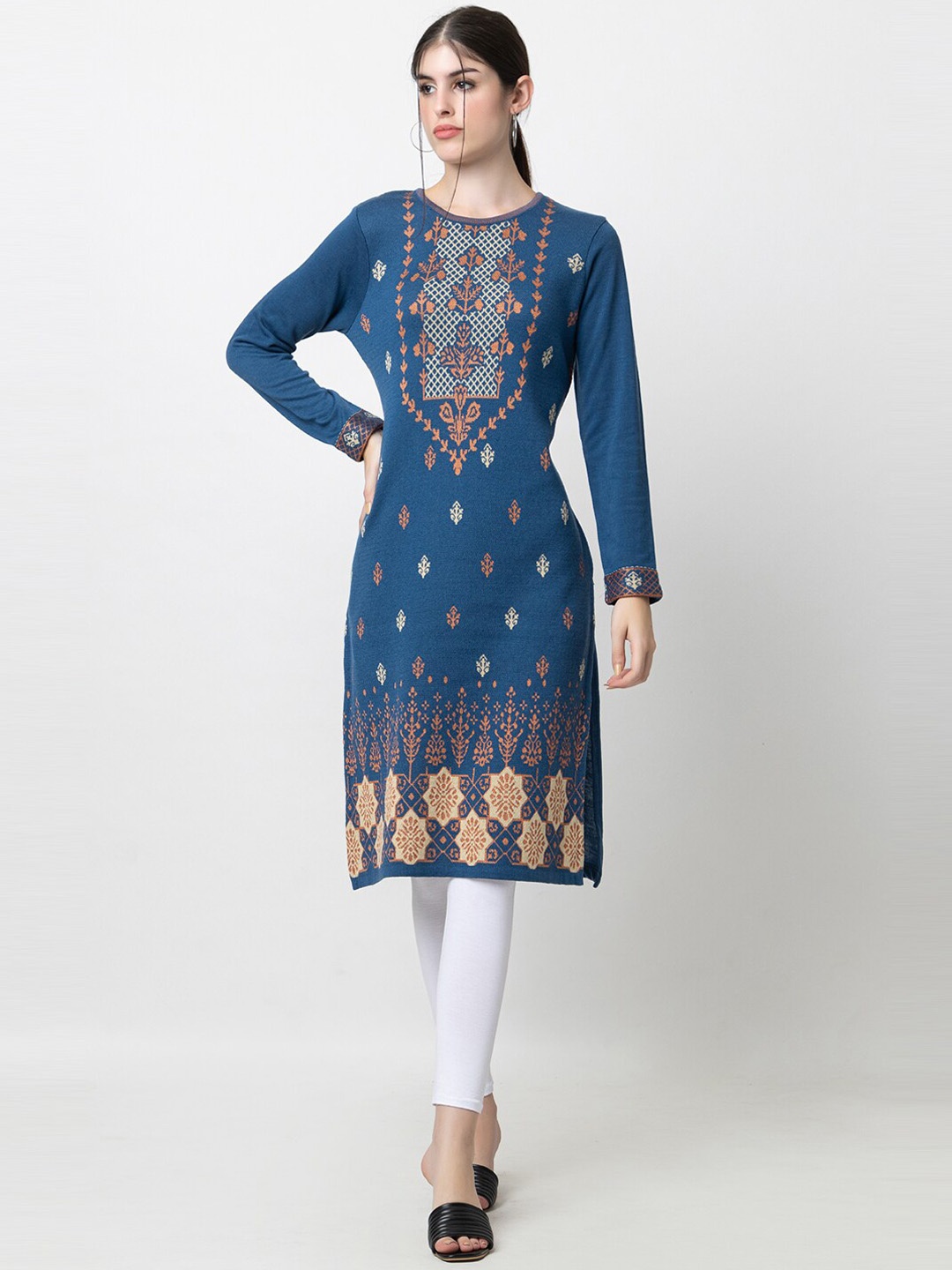 

KEIKO Woven Design Round Neck Acrylic Regular Kurta, Navy blue