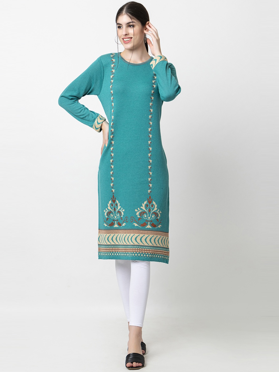 

KEIKO Woven Design Round Neck Acrylic Regular Kurta, Green