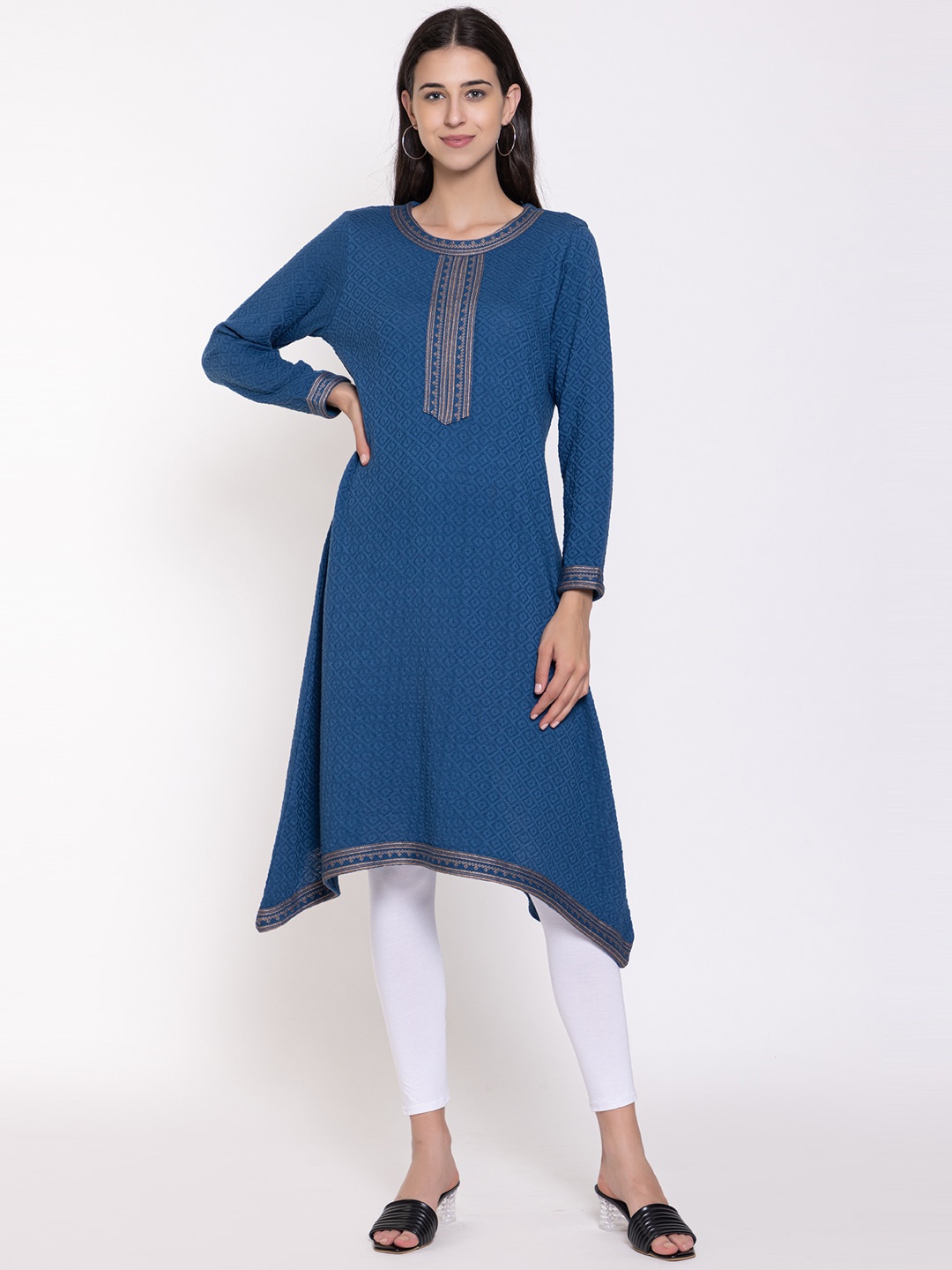 

KEIKO Woven Design Round Neck Acrylic Regular Kurta, Navy blue