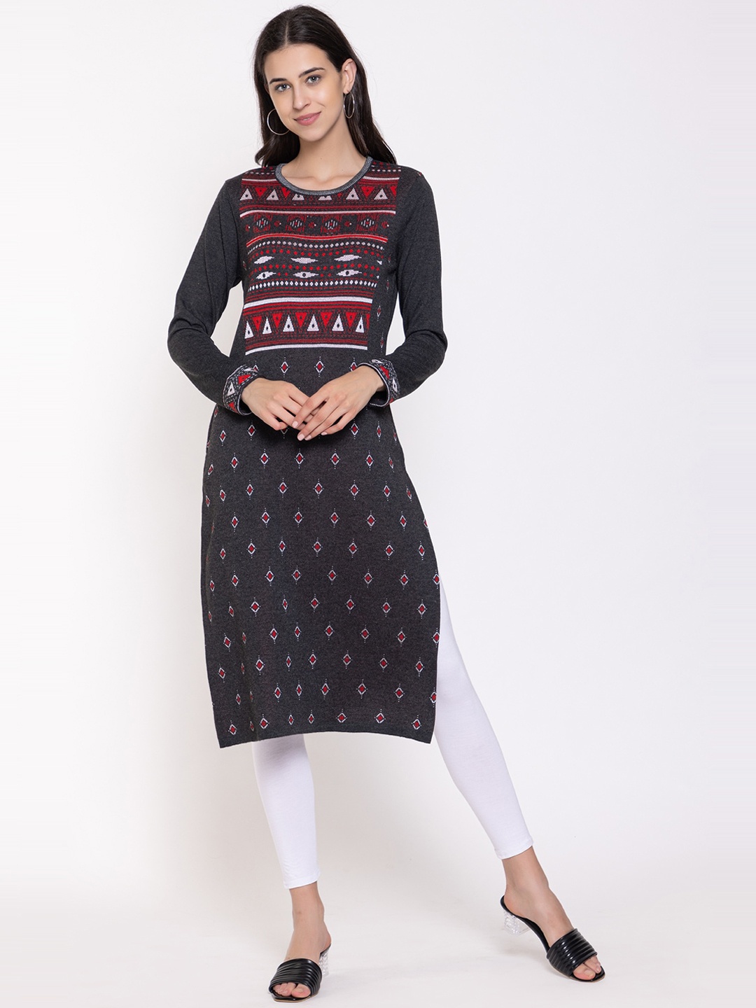 

KEIKO Woven Design Round Neck Acrylic Regular Kurta, Charcoal