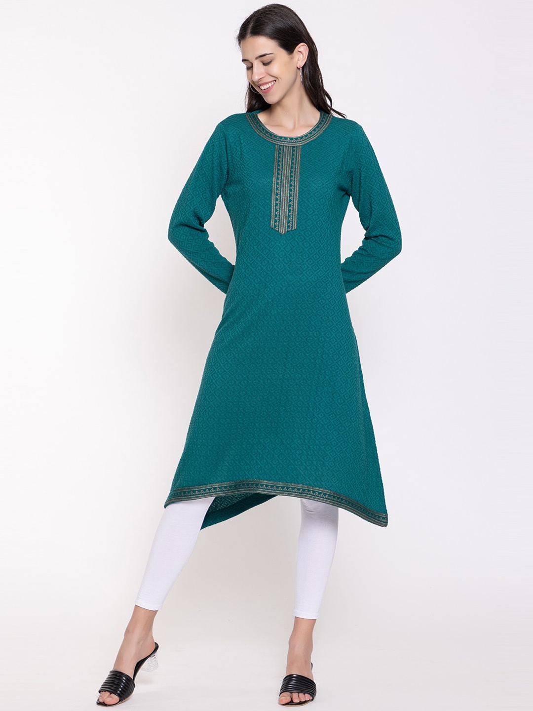 

KEIKO Woven Design Round Neck Acrylic Regular Kurta, Green