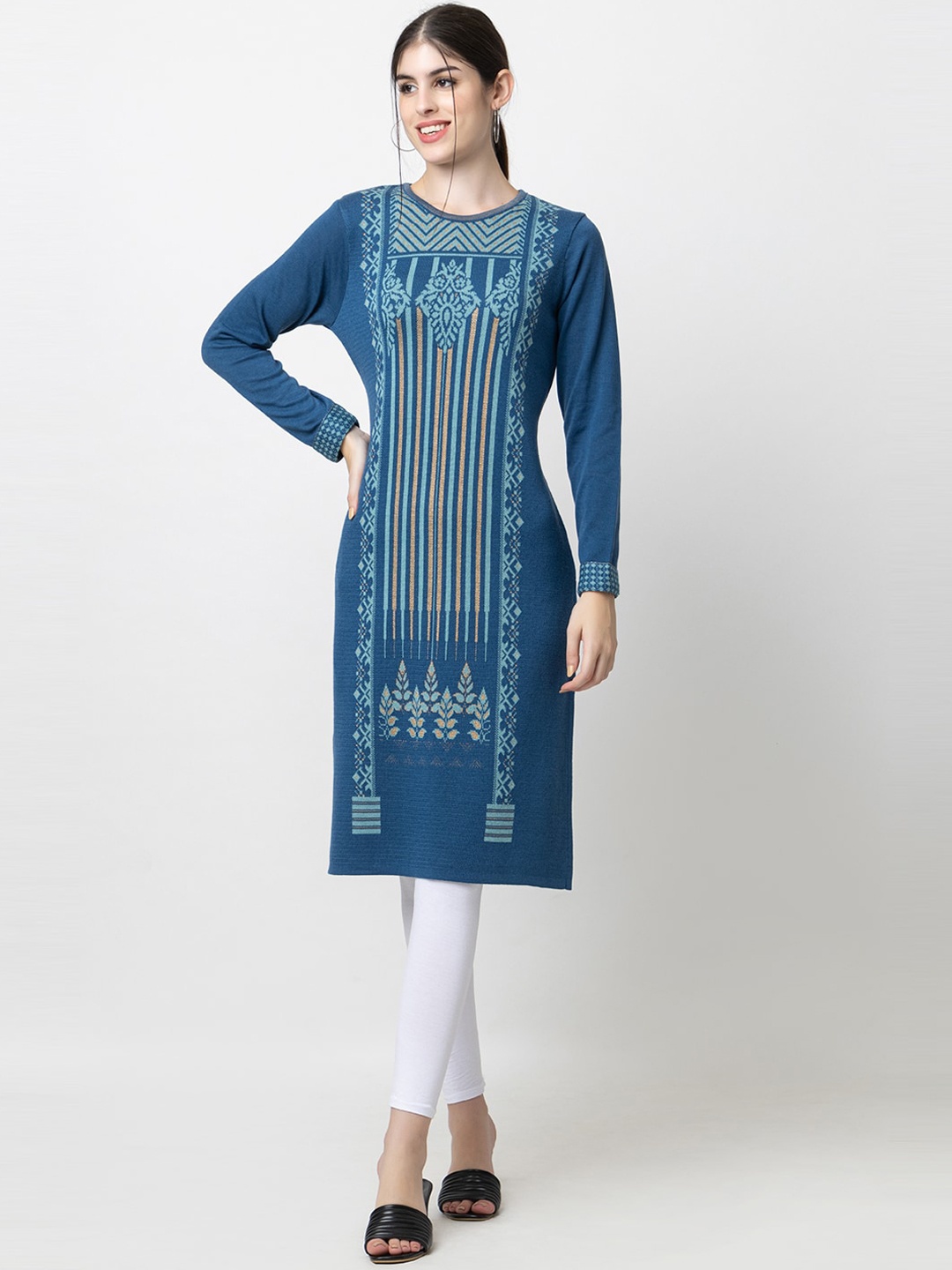 

KEIKO Woven Design Round Neck Acrylic Regular Kurta, Navy blue