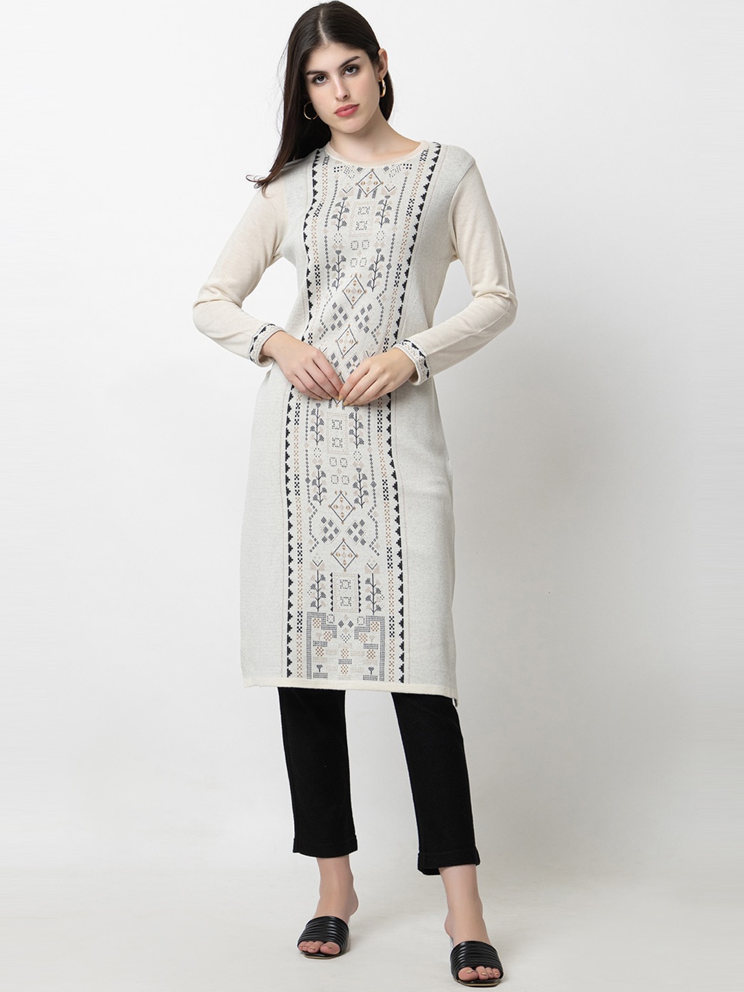 

KEIKO Woven Design Round Neck Acrylic Regular Kurta, Off white