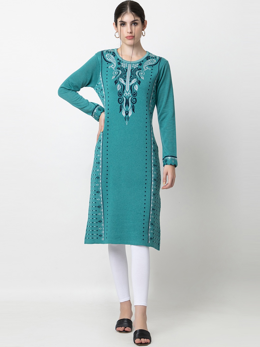 

KEIKO Woven Design Round Neck Acrylic Regular Kurta, Green