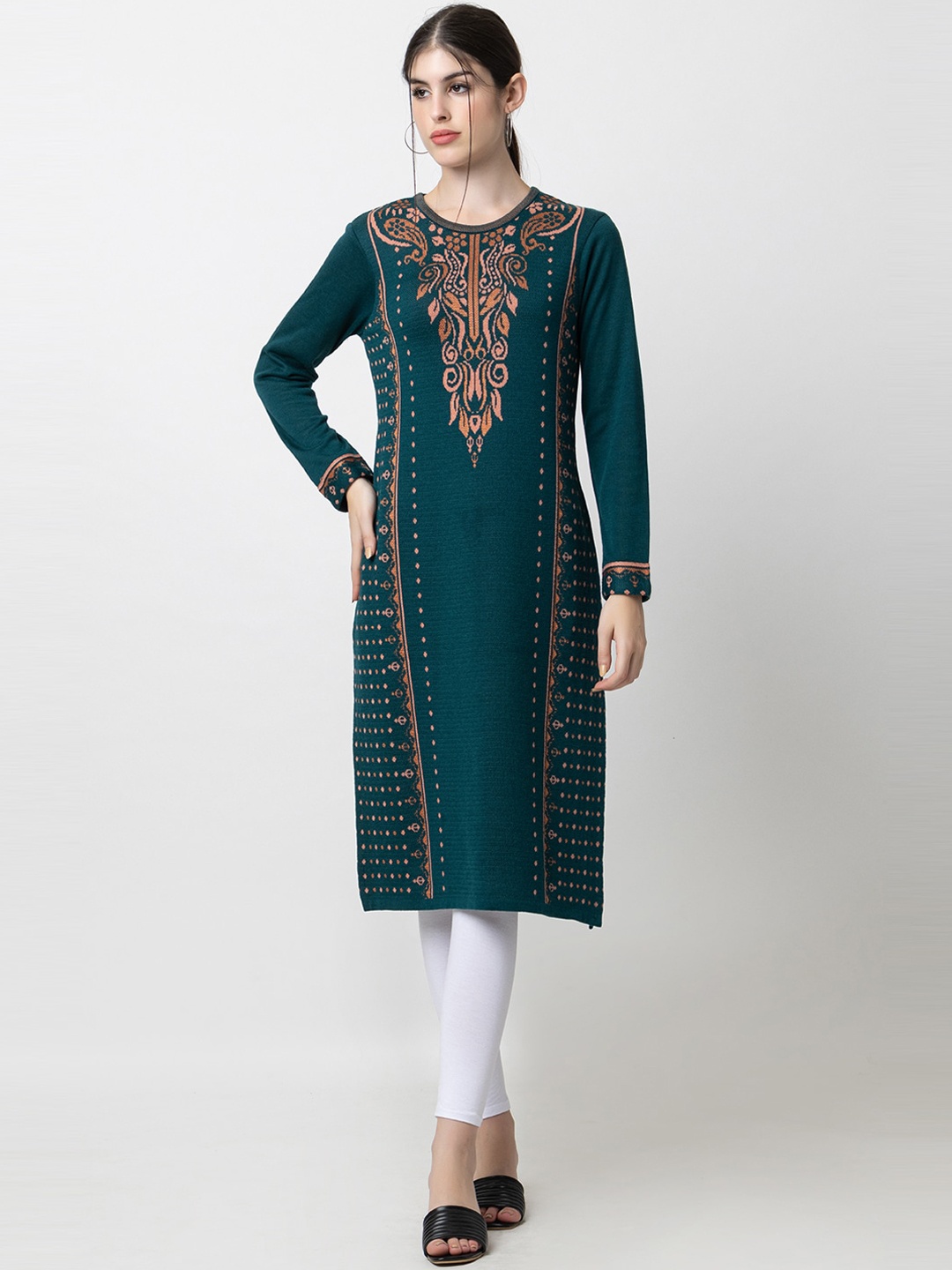 

KEIKO Woven Design Round Neck Acrylic Regular Kurta, Teal