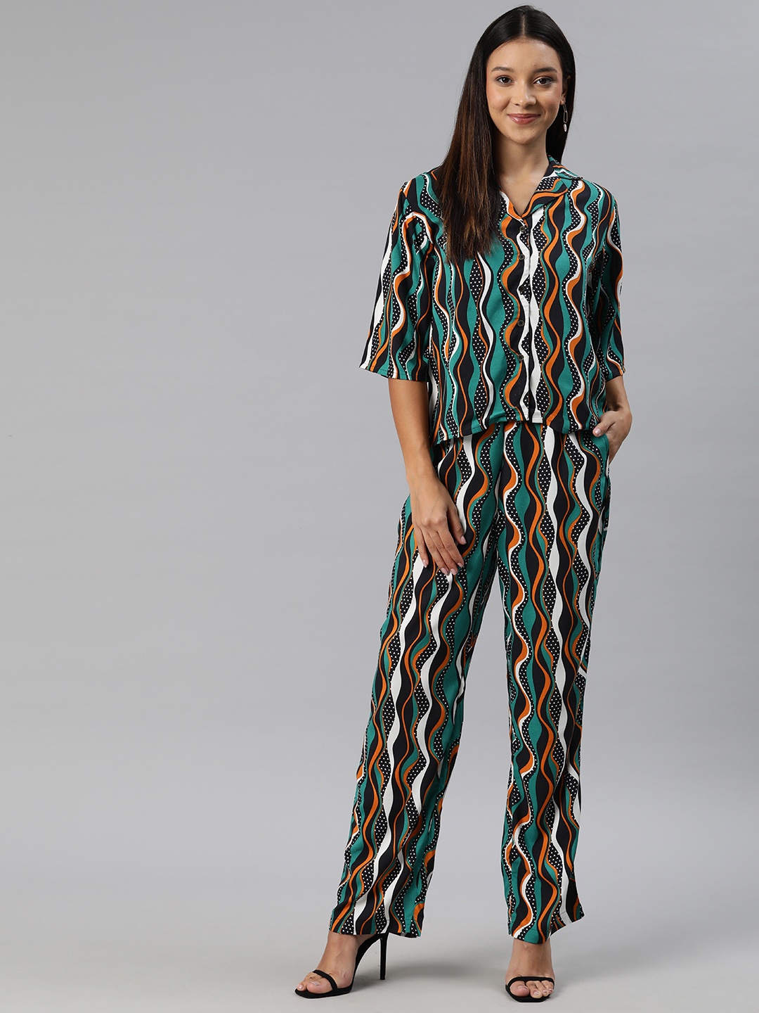 

Popnetic Women Printed Shirt with Trousers, Turquoise blue