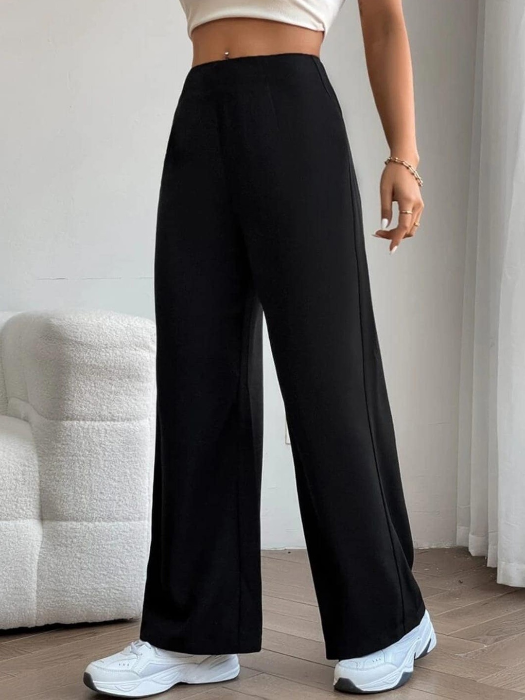 

BROADSTAR Women Smart Loose Fit High-Rise Easy Wash Parallel Trousers, Black