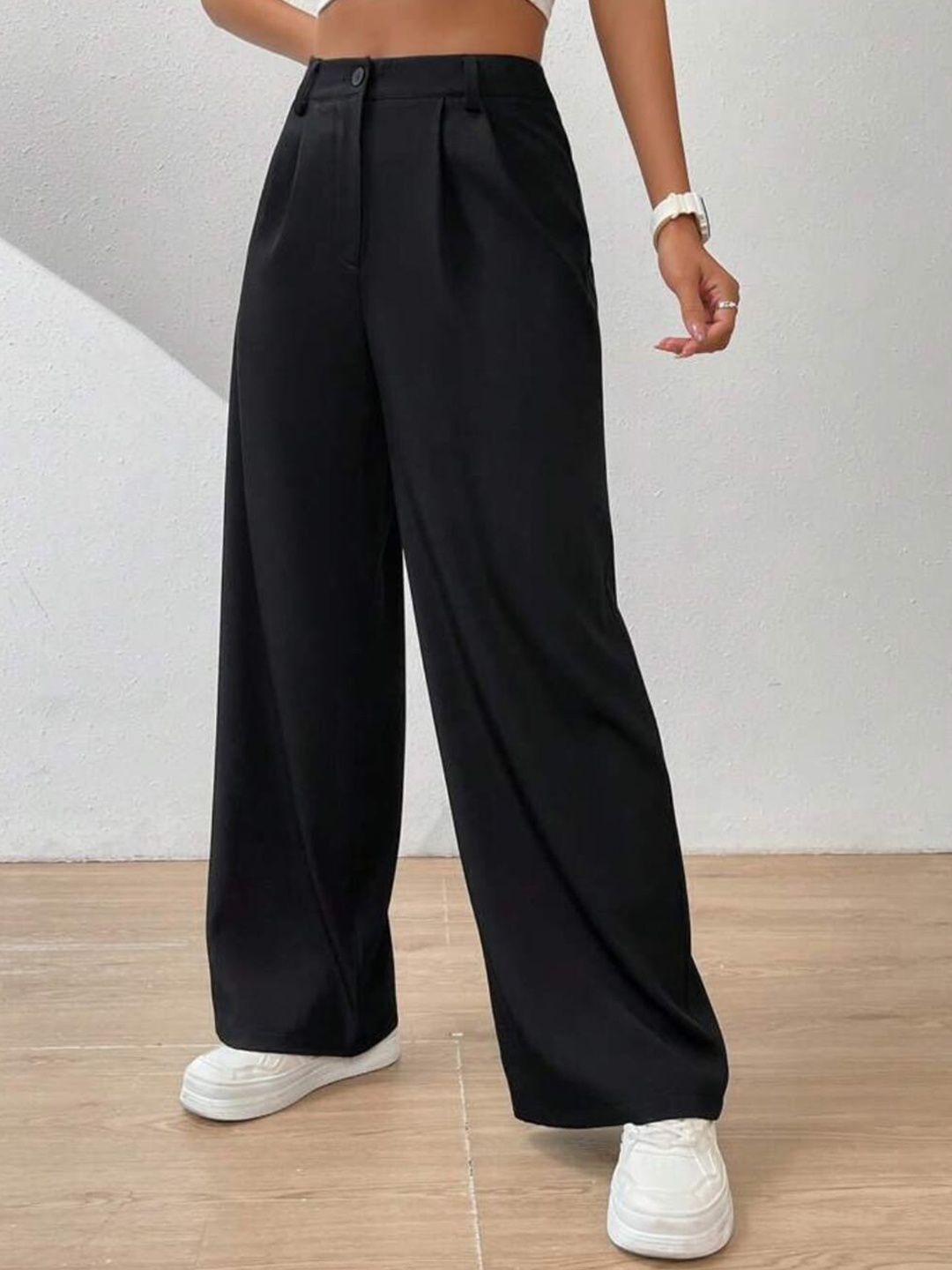 

BROADSTAR Women Smart Loose Fit High-Rise Easy Wash Lyocell Parallel Trousers, Black