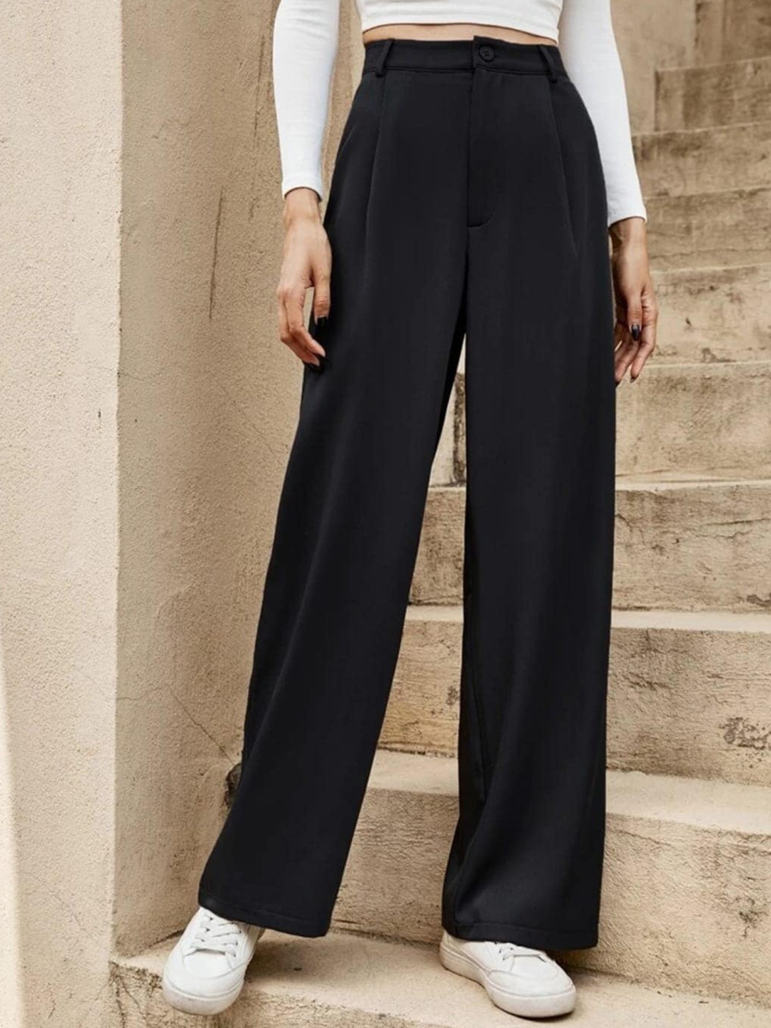 

BROADSTAR Women Smart Loose Fit High-Rise Easy Wash Pleated Lyocell Trousers, Black