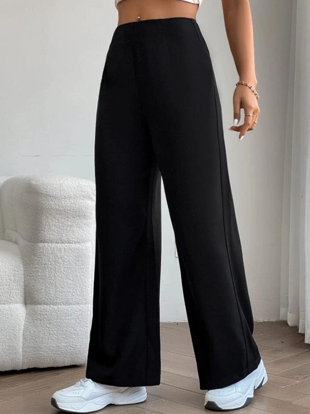 

BROADSTAR Women Smart Loose Fit High-Rise Easy Wash Parallel Trousers, Black