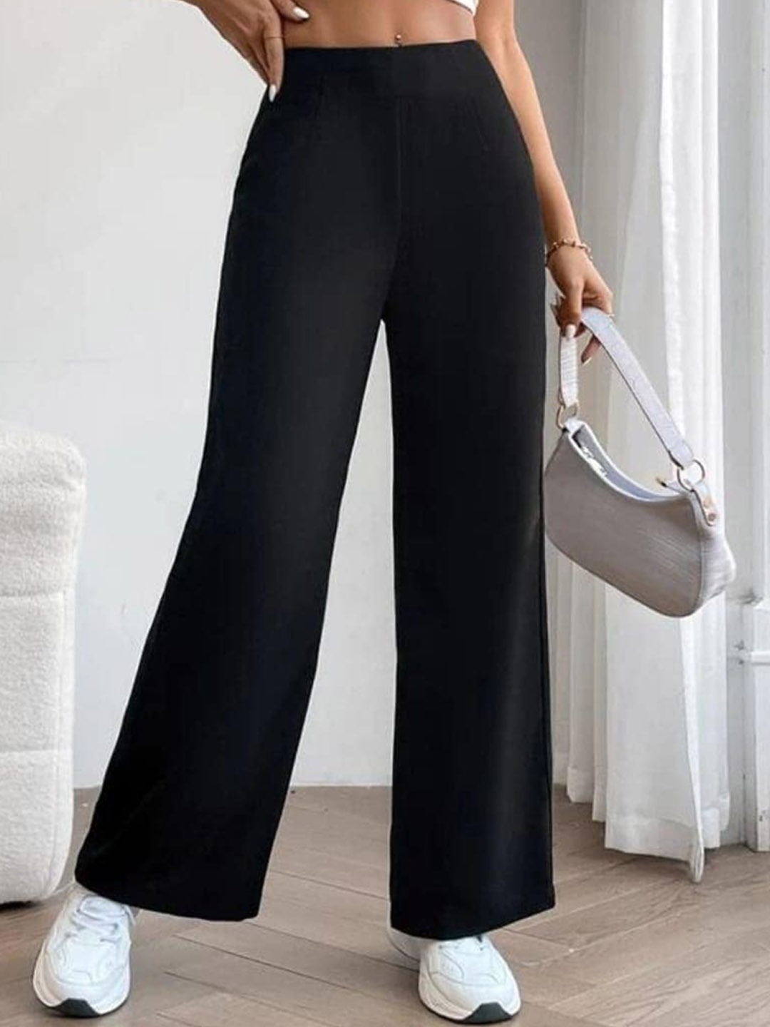 

Next One Women Smart Loose Fit High-Rise Easy Wash Parallel Trousers, Black