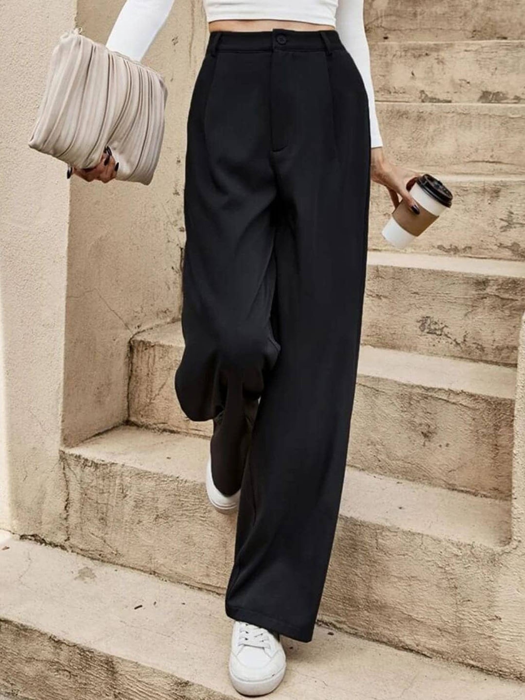 

Next One Women Smart Loose Fit High-Rise Easy Wash Pleated Parallel Trousers, Black