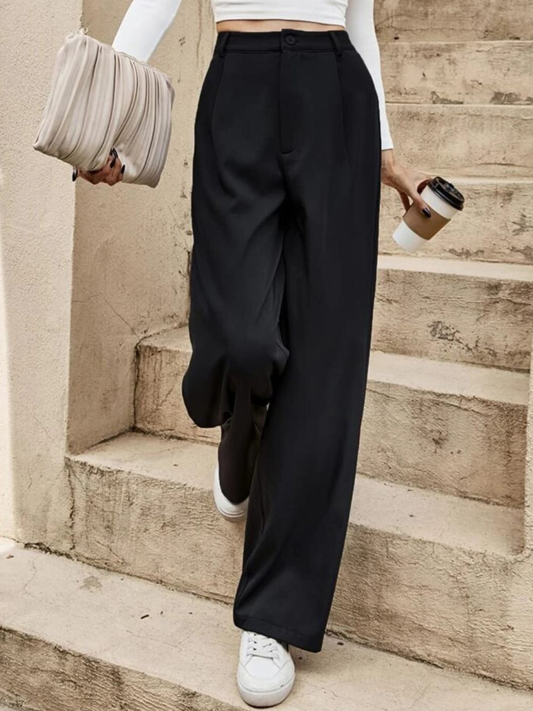 

Next One Women Smart Loose Fit High-Rise Easy Wash Pleated Parallel Trousers, Black