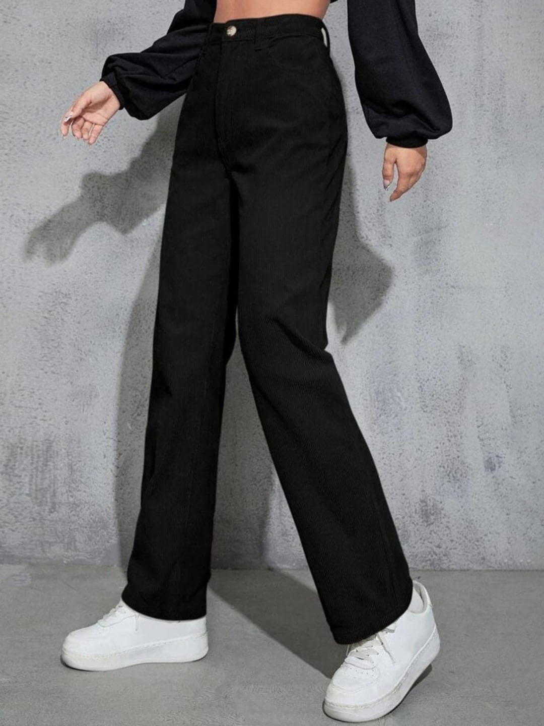 

Next One Women Smart Loose Fit High-Rise Easy Wash Regular Trousers, Black