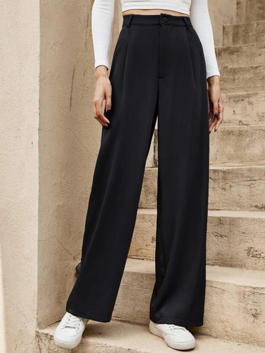 

Next One Women Black Smart Loose Fit High-Rise Easy Wash Pleated Parallel Trousers