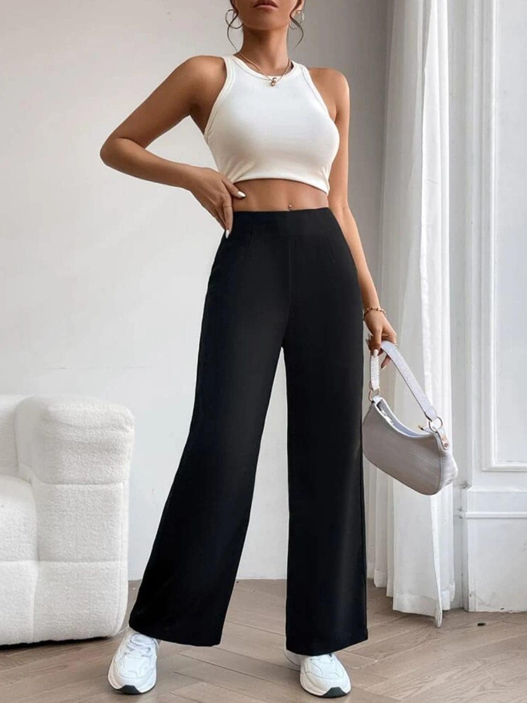 

Next One Women Smart Loose Fit High-Rise Easy Wash Trousers, Black
