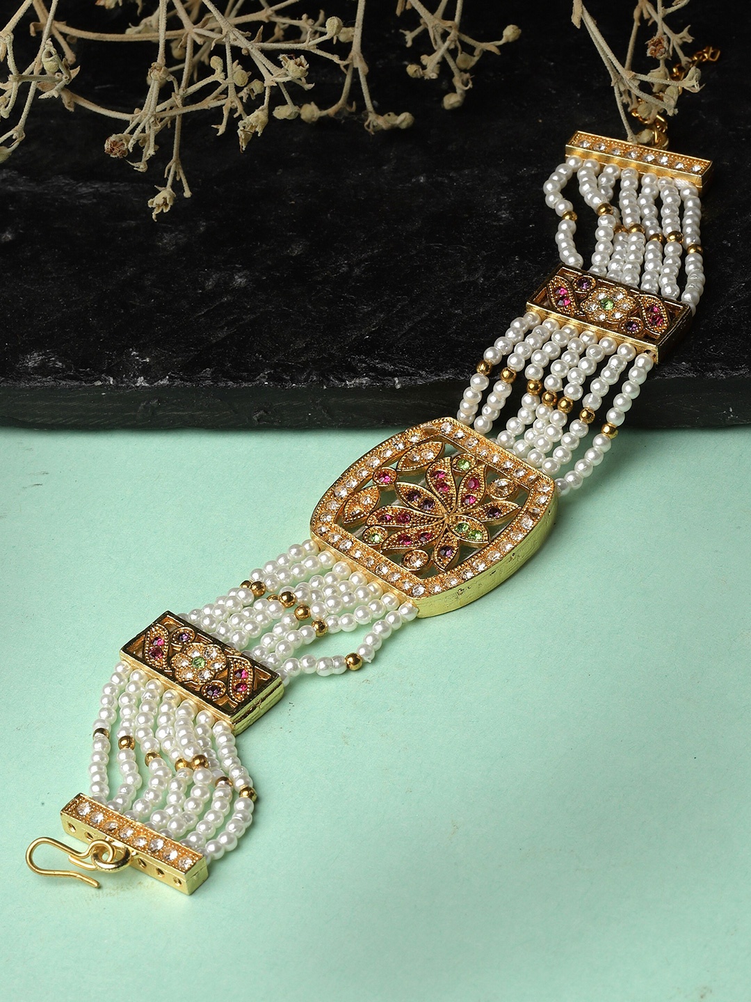 

Sanjog Brass Kundan Studded Pearl Beaded Gold-Plated Multistrand Wraparound Bracelet