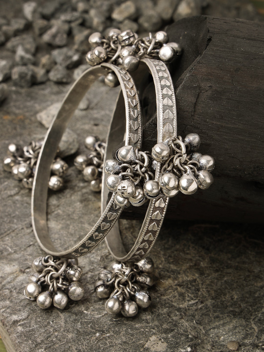 

Sanjog Set Of 2 German Silver-Plated Oxidized Ghungroo Antique Bangles
