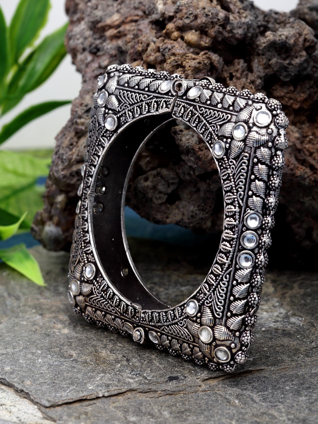 

Sanjog Silver-Toned & White Silver-Plated Stone Studded Antique Adjustable Tribal Bangle