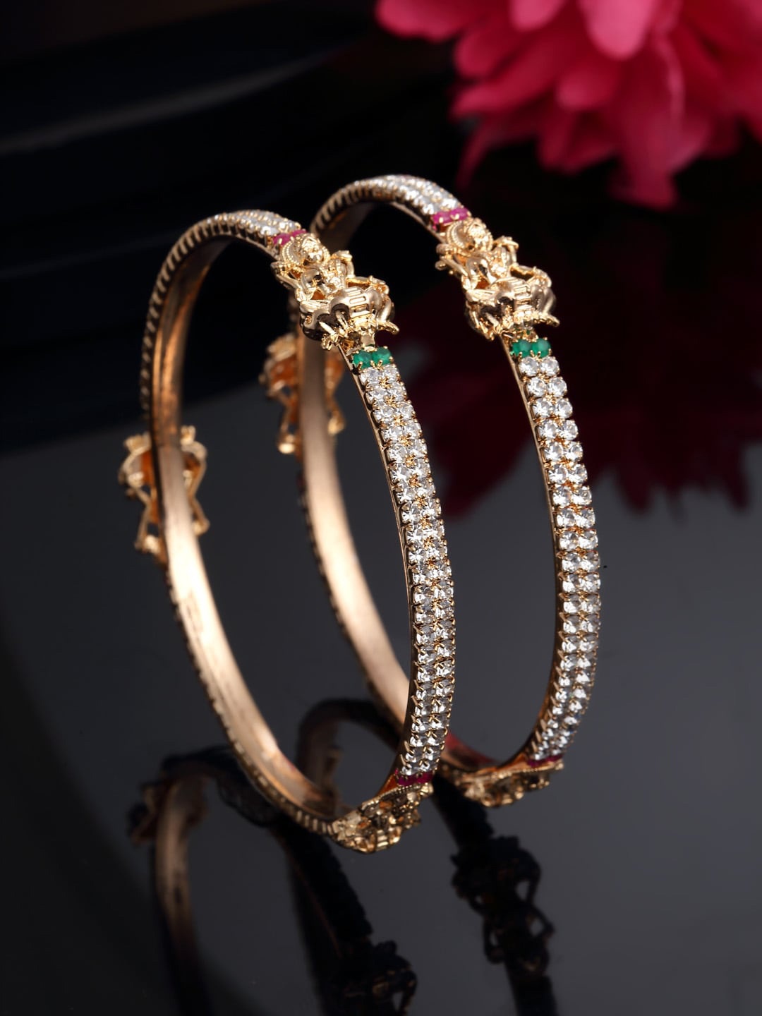 

Sanjog Set Of 2 Gold-Plated AD Stones-Studded Lakshmi Goddess CZ Temple Bangles, Rose gold