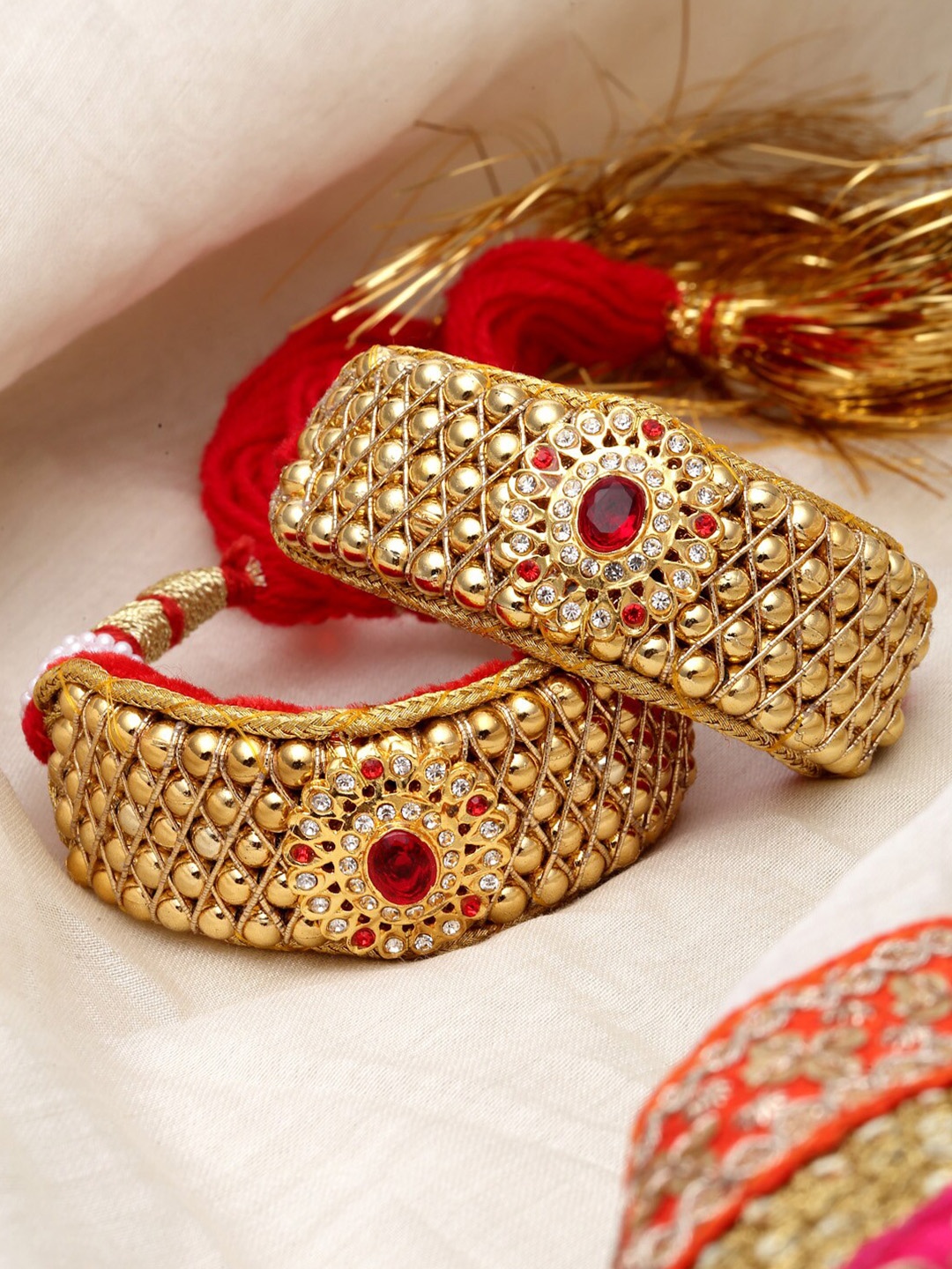 

Sanjog Set of 2 Gold-Plated Stone-Studded Rajasthani Pochu Kada Bracelet