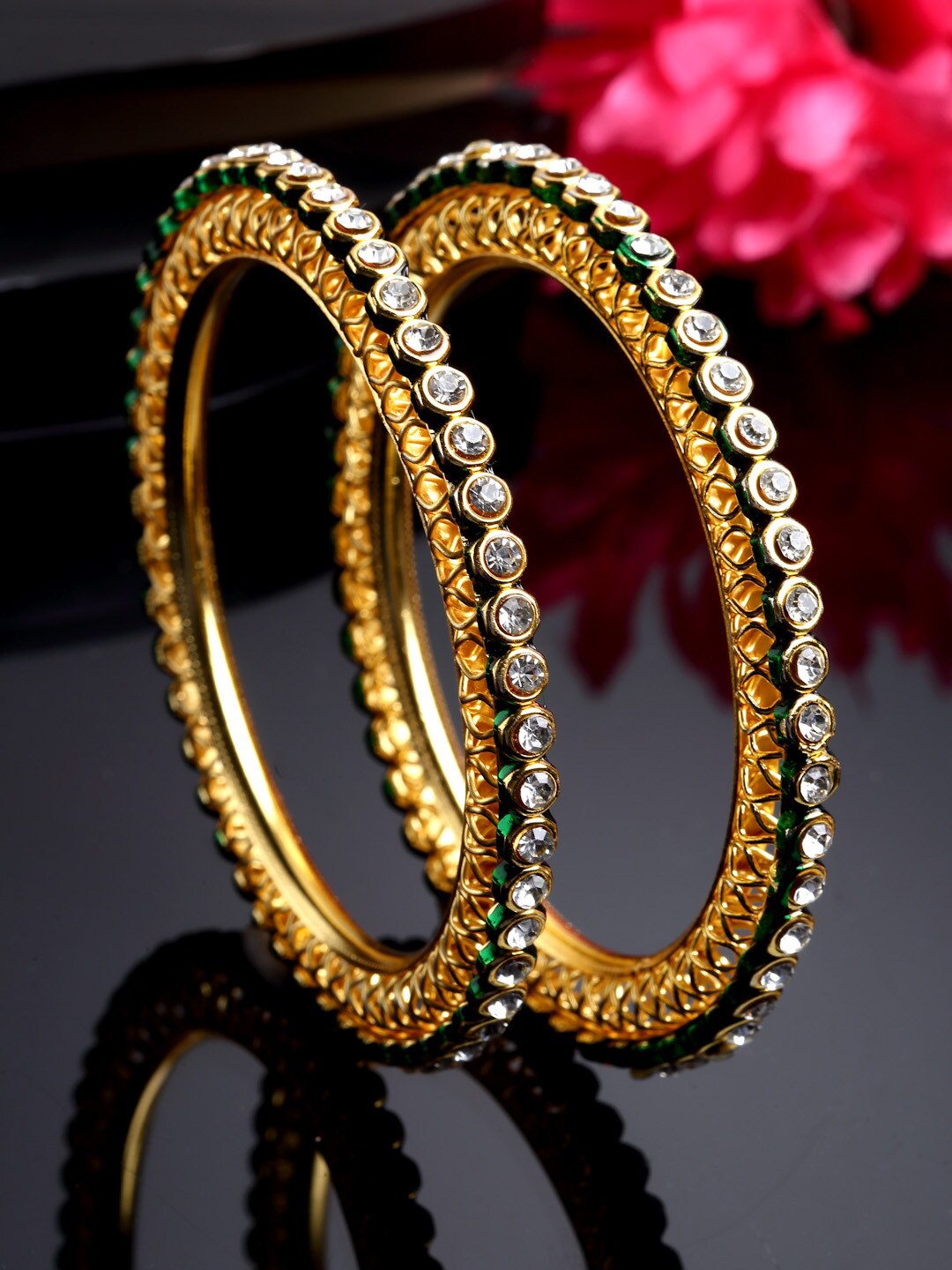 

Sanjog Set Of 2 Gold-Plated CZ & Stone-Studded Beaded Bangles