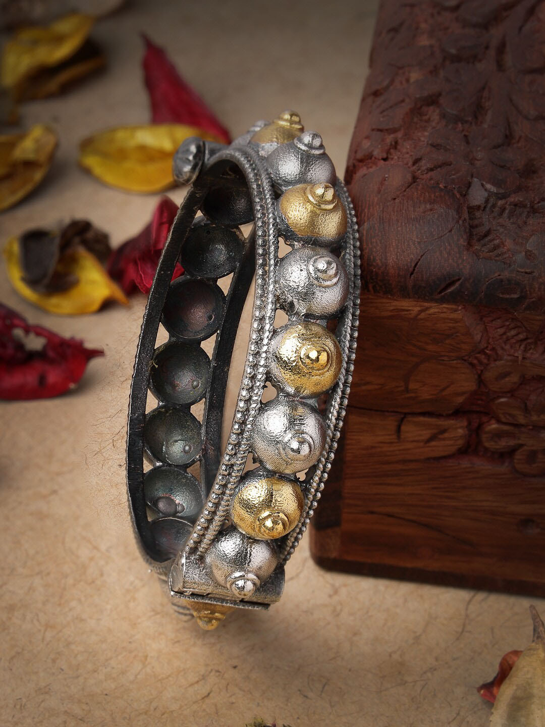

Sanjog Silver& Gold Dual Toned Silver-Plated Adjustable Oxidized Antique Bangle