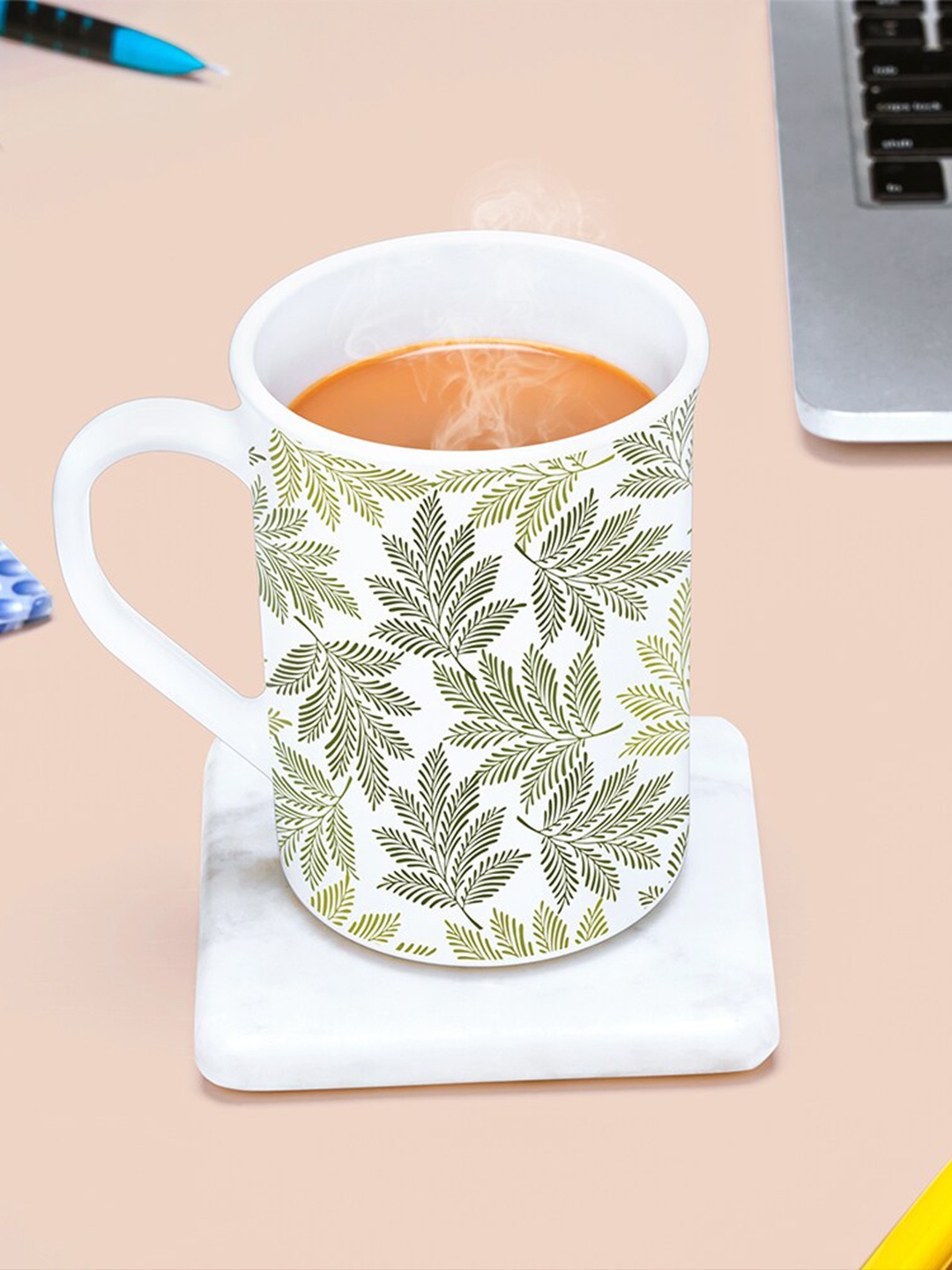 

Larah by BOROSIL White & Green Floral Printed Opalware Matte Mug - 350 ML