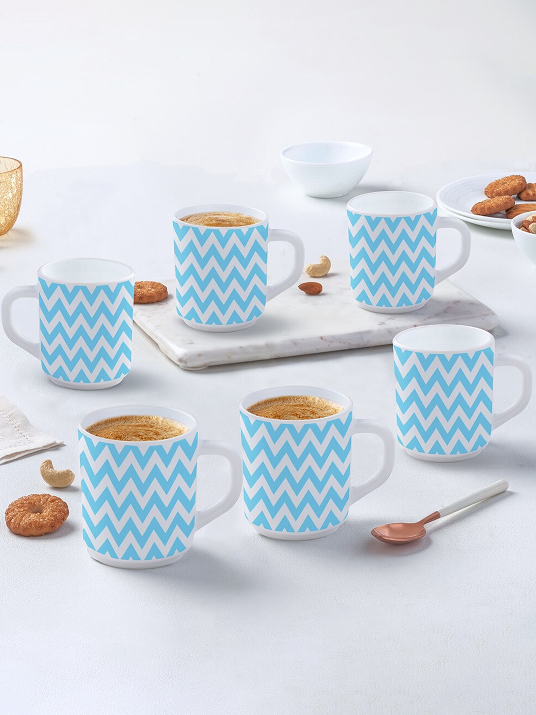 

Larah by BOROSIL 6 Pcs White & Blue Geometric Printed Opalware Matte Mugs - 250 ML Each