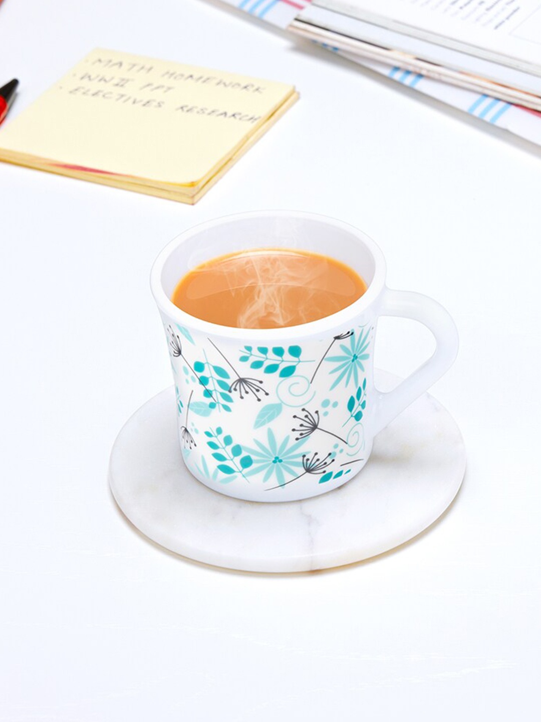 

Larah by BOROSIL White & Blue 6 Pieces Floral Printed Opalware Matte Mugs Set 100ml each