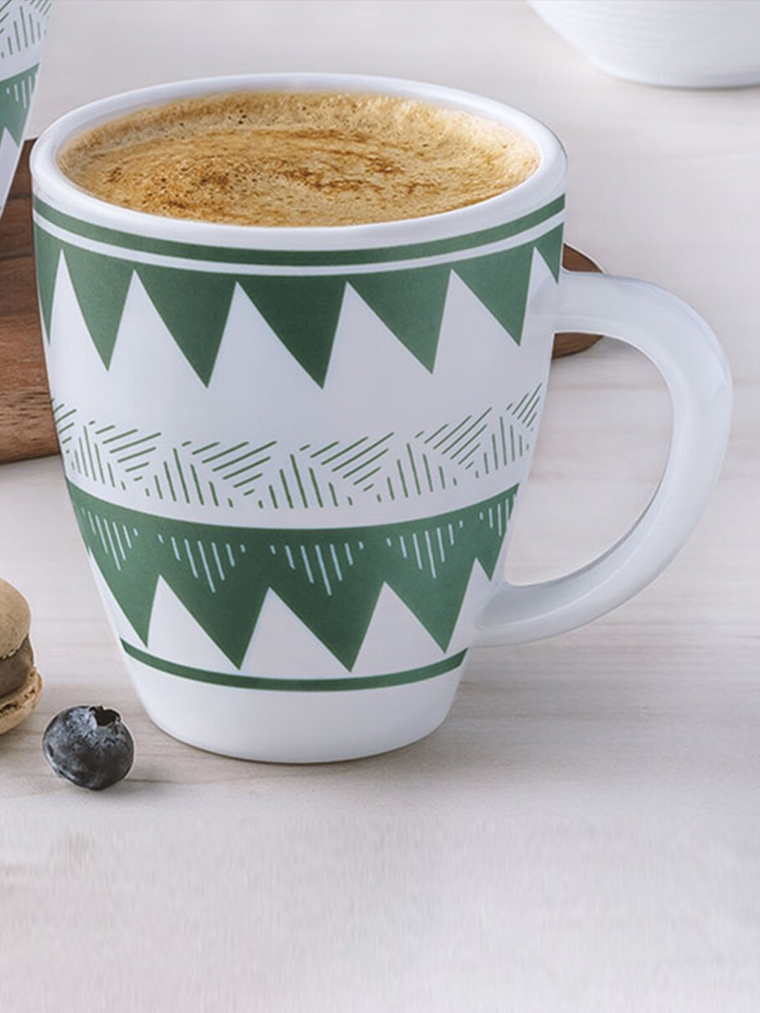 Larah by BOROSIL White & Green Geometric Printed Opalware Matte Mugs - 400 ML