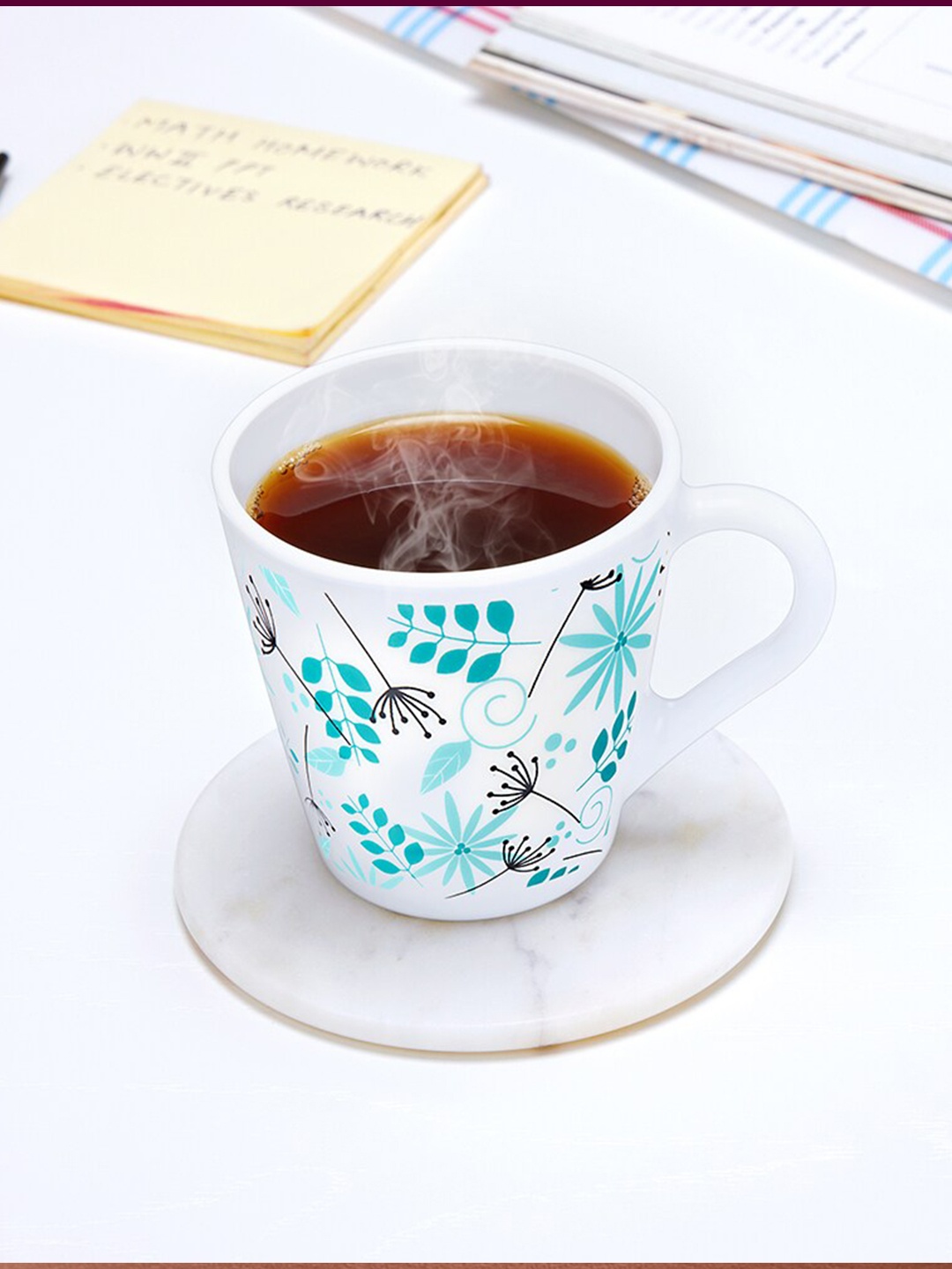 

Larah by BOROSIL 6 Pcs White & Blue Floral Printed Opalware Matte Mugs - 160 ML Each