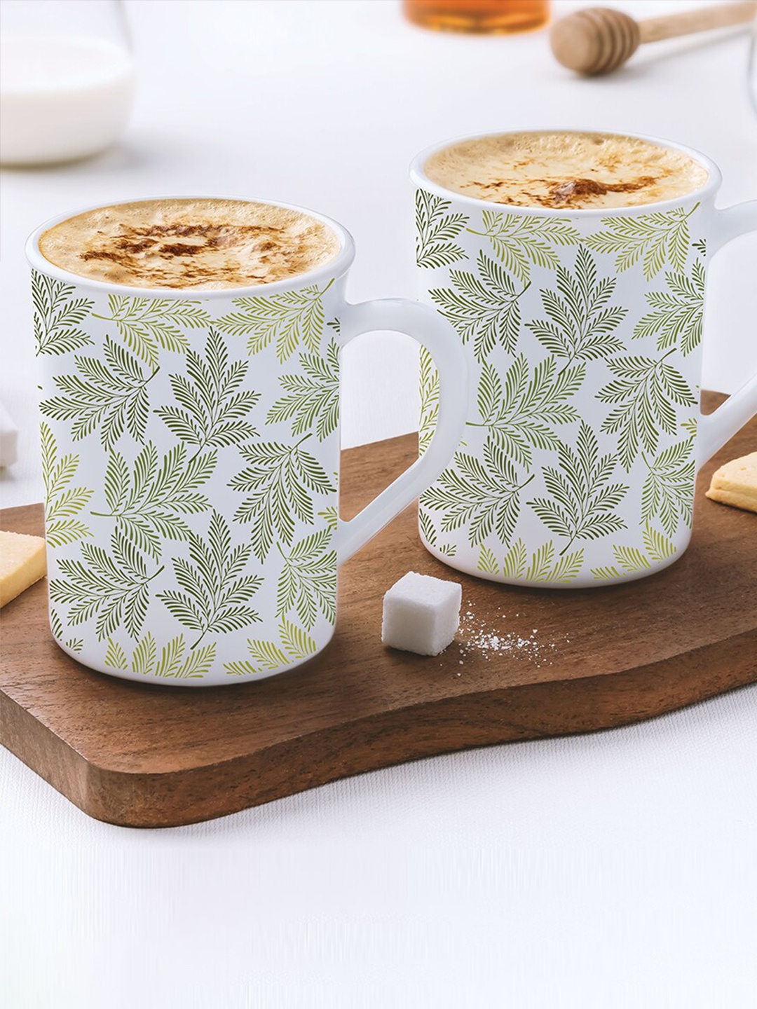 

Larah by BOROSIL White & Green 2 Pcs Floral Printed Opalware Matte Mugs- 350 ML Each