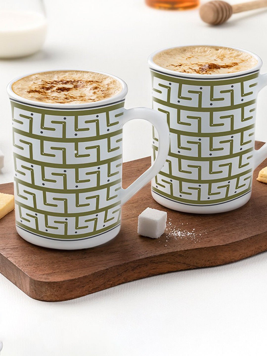 

Larah by BOROSIL White & Green 2 Pieces Printed Opalware Matte Mugs - 350 ML Each