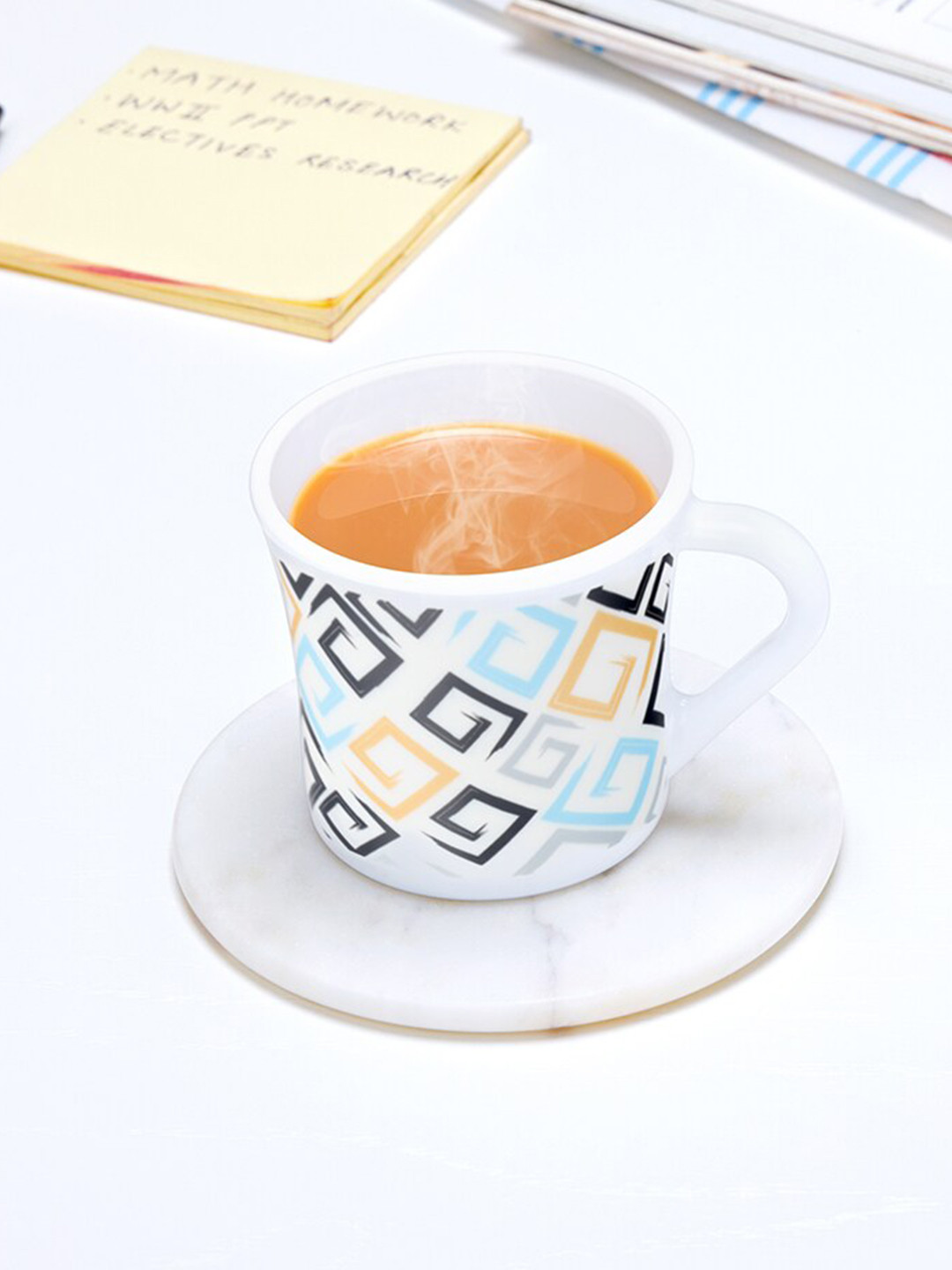 

Larah by BOROSIL White 6 Pieces Geometric Printed Opalware Matte Mugs 100 ML Each