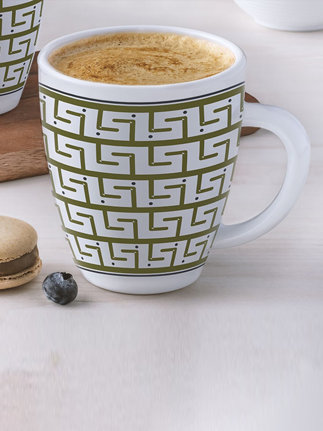 

Larah by BOROSIL White & Green Geometric Printed Opalware Matte Mug - 400 ML