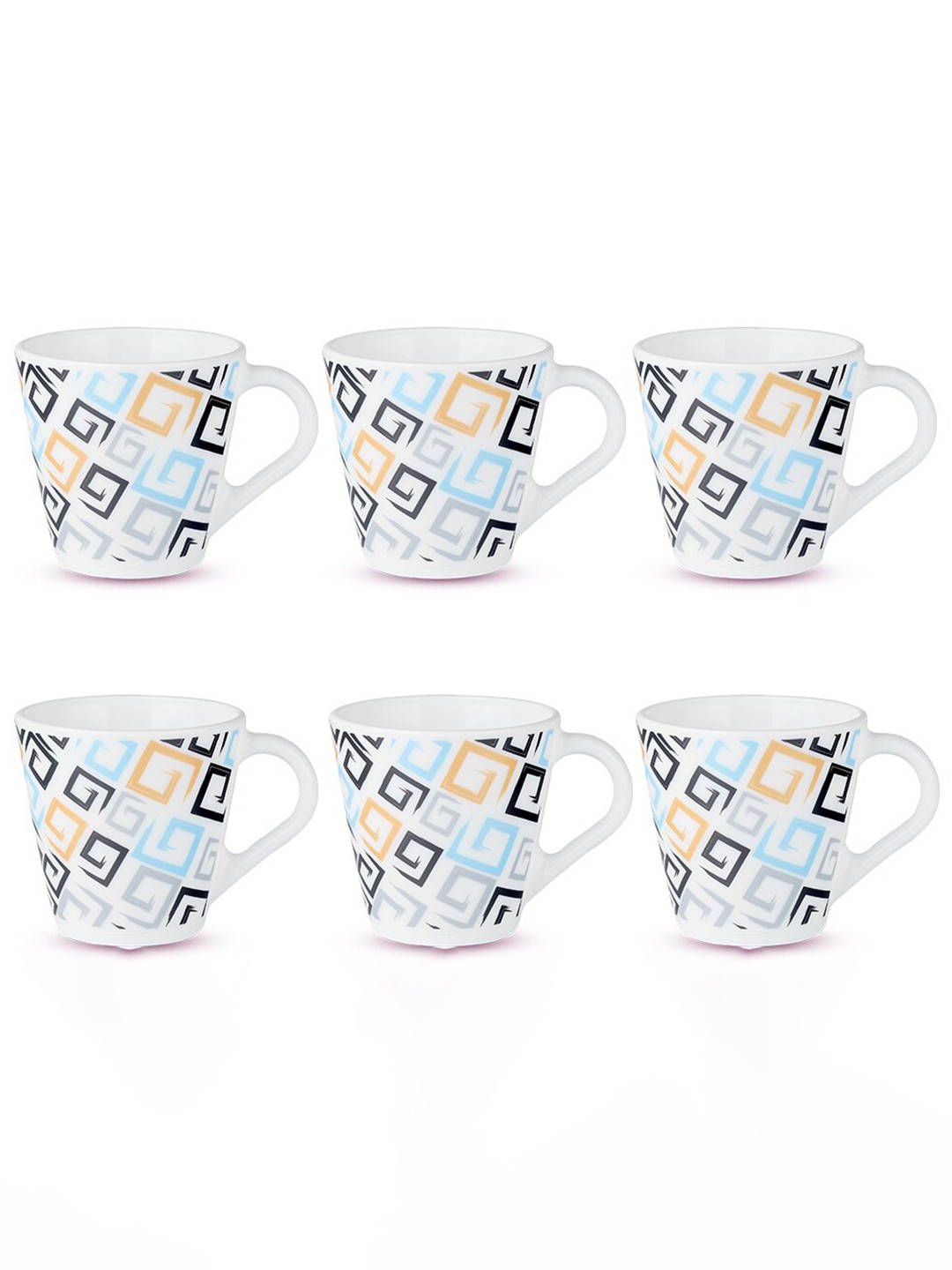 Larah by BOROSIL Ember White & Turquoise Blue 6 Pieces Geometric Matte Mugs 160 ml Each