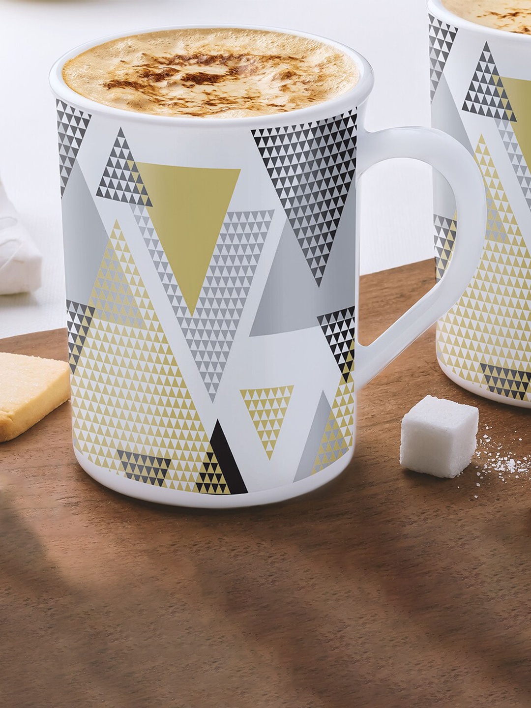 

Larah by BOROSIL White & Beige Geometric Printed Opalware Matte Mug - 350 ML
