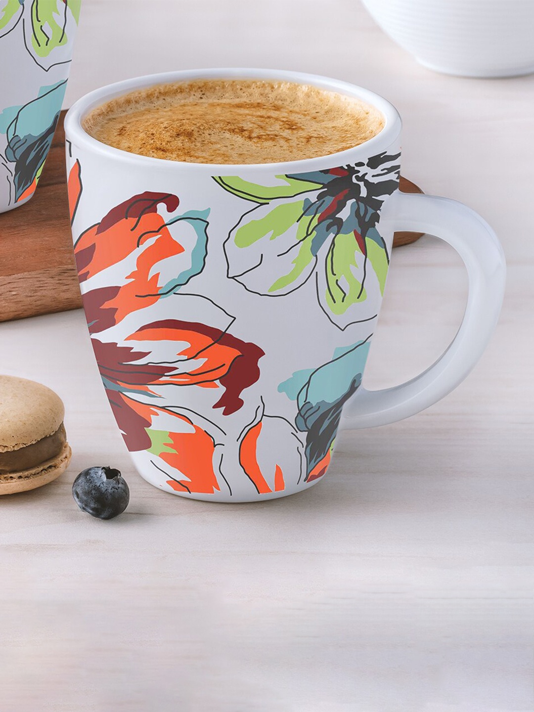 

Larah by BOROSIL White & Orange Floral Printed Opalware Matte Mug - 400 ML